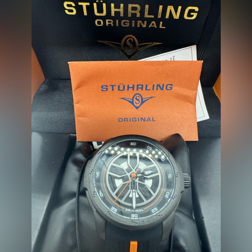 Stuhrling Original 984 05 Aviator Quartz Black Orange Silicone Strap Mens Watch - Picture 2 of 10